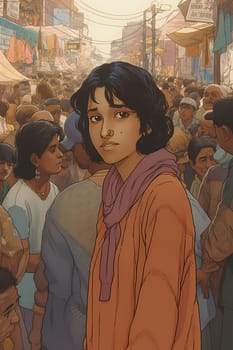 A young Indian woman wearing a saree stands smiling in a crowded and colorful market. (generative AI)