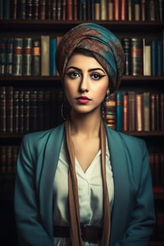 A young Middle Eastern woman is captured inside a peaceful library. (generative AI)