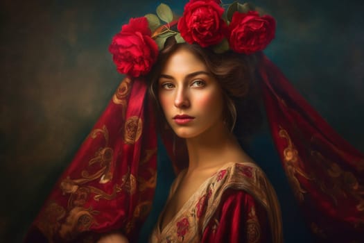 A young Middle Eastern woman is captured inside a peaceful library. (generative AI)