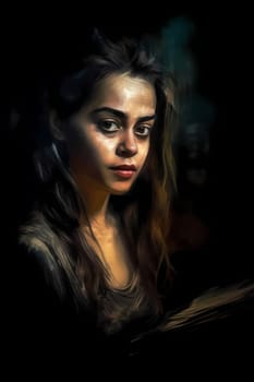 A young Middle Eastern woman is captured inside a peaceful library. (generative AI)