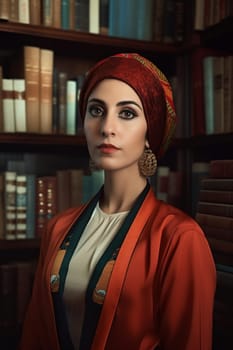 A young Middle Eastern woman is captured inside a peaceful library. (generative AI)