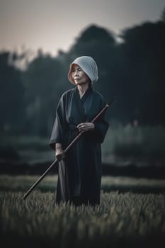A woman 50 years old Asian is being portrayed in a beautiful rice field setting (generative AI)