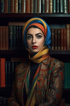 A young Middle Eastern woman is captured inside a peaceful library. (generative AI)