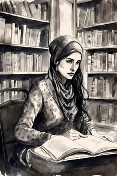 A young Middle Eastern woman is captured inside a peaceful library. (generative AI)
