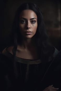 A young Middle Eastern woman is captured inside a peaceful library. (generative AI)