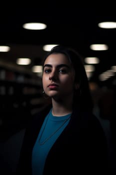 A young Middle Eastern woman is captured inside a peaceful library. (generative AI)