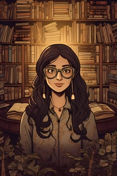 A young Middle Eastern woman is captured inside a peaceful library. (generative AI)