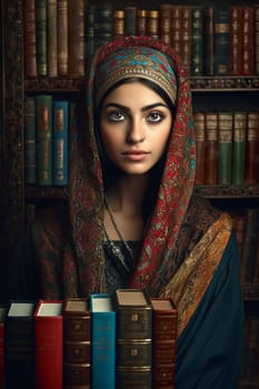 A young Middle Eastern woman is captured inside a peaceful library. (generative AI)