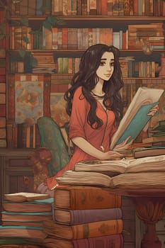 A young Middle Eastern woman is captured inside a peaceful library. (generative AI)