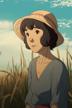 A woman 50 years old Asian is being portrayed in a beautiful rice field setting (generative AI)