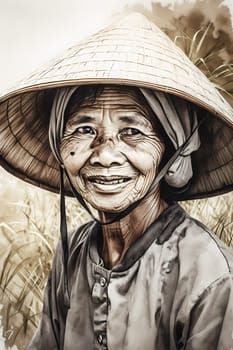 A woman 50 years old Asian is being portrayed in a beautiful rice field setting (generative AI)