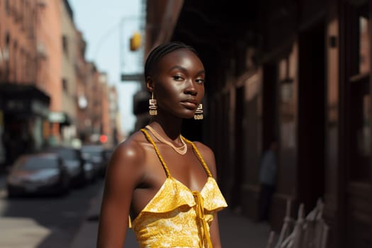 A young African American woman is captured in a city street. (generative AI)