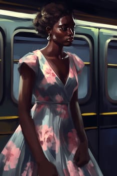 A young African American woman is captured in a city street. (generative AI)