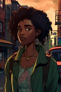 A young African American woman is captured in a city street. (generative AI)