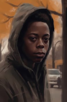A young African American woman is captured in a city street. (generative AI)