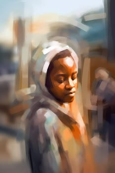 A young African American woman is captured in a city street. (generative AI)