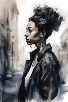 A young African American woman is captured in a city street. (generative AI)