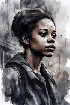 A young African American woman is captured in a city street. (generative AI)