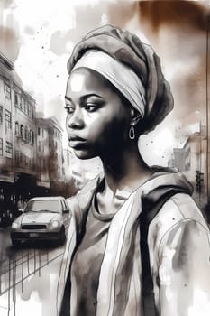 A young woman with braided hair and colorful clothing is posing in front of a graffiti-covered wall in an urban city. (generative AI)