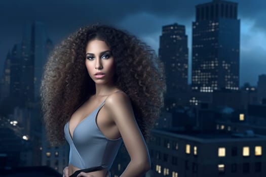 A young African American woman is captured in a city street. (generative AI)