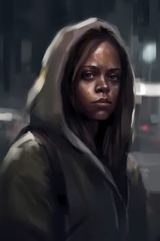 A young woman with braided hair and colorful clothing is posing in front of a graffiti-covered wall in an urban city. (generative AI)