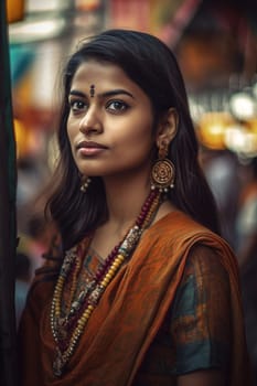 A young Indian woman wearing a saree stands smiling in a crowded and colorful market. (generative AI)