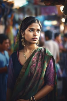 A young Indian woman wearing a saree stands smiling in a crowded and colorful market. (generative AI)