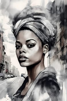 A young woman with braided hair and colorful clothing is posing in front of a graffiti-covered wall in an urban city. (generative AI)