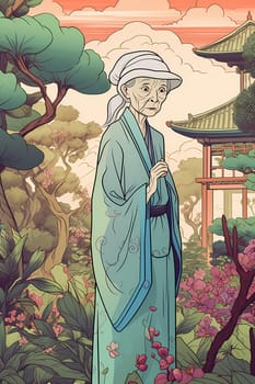 An elderly Chinese woman dressed in traditional clothes and carrying a parasol is standing in a serene garden. (generative AI)