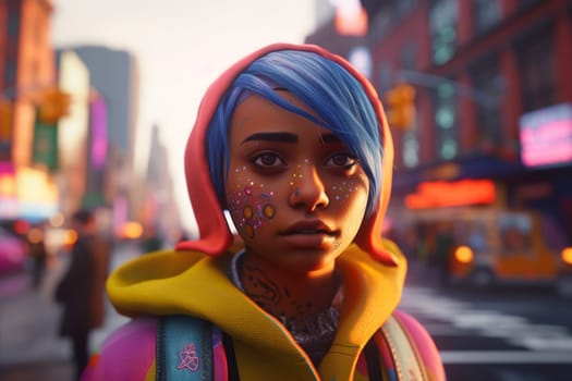 A young African American woman is captured in a city street. (generative AI)