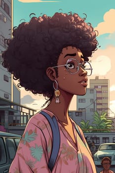 A young woman with braided hair and colorful clothing is posing in front of a graffiti-covered wall in an urban city. (generative AI)