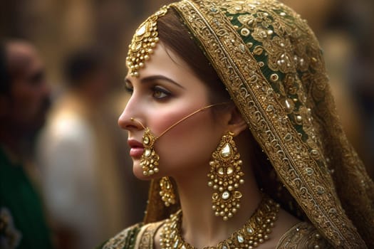 A young Indian woman wearing a saree stands smiling in a crowded and colorful market. (generative AI)