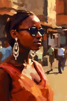 A young woman with braided hair and colorful clothing is posing in front of a graffiti-covered wall in an urban city. (generative AI)
