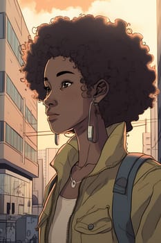 A confident African American woman of 30 years is seen on a bustling city street. (generative AI)
