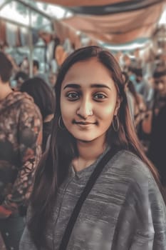 A young Indian woman wearing a saree stands smiling in a crowded and colorful market. (generative AI)