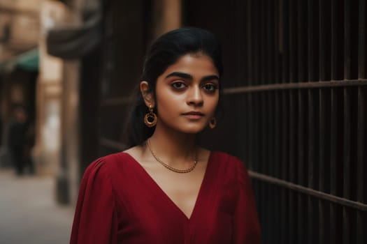 A young Indian woman wearing a saree stands smiling in a crowded and colorful market. (generative AI)