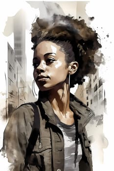 A confident African American woman of 30 years is seen on a bustling city street. (generative AI)