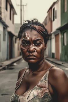 A confident African American woman of 30 years is seen on a bustling city street. (generative AI)