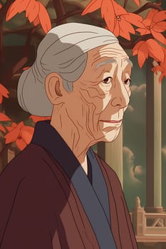 An elderly Chinese woman dressed in traditional clothes and carrying a parasol is standing in a serene garden. (generative AI)