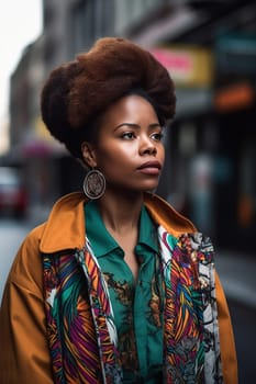 A confident African American woman of 30 years is seen on a bustling city street. (generative AI)