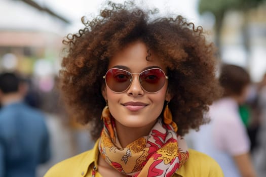 A confident African American woman of 30 years is seen on a bustling city street. (generative AI)