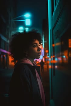 A confident African American woman of 30 years is seen on a bustling city street. (generative AI)
