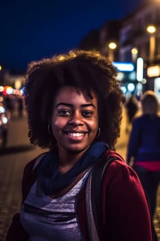 A confident African American woman of 30 years is seen on a bustling city street. (generative AI)