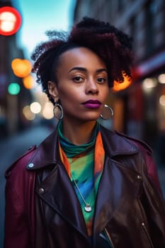 A confident African American woman of 30 years is seen on a bustling city street. (generative AI)