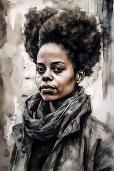 A confident African American woman of 30 years is seen on a bustling city street. (generative AI)