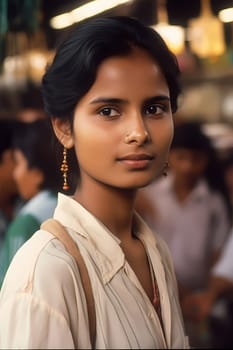 A young Indian woman wearing a saree stands smiling in a crowded and colorful market. (generative AI)