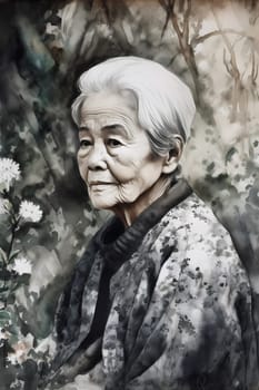 An elderly Asian woman is captured amid a serene garden. (generative AI)