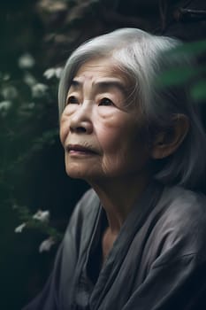 An elderly Asian woman is captured amid a serene garden. (generative AI)
