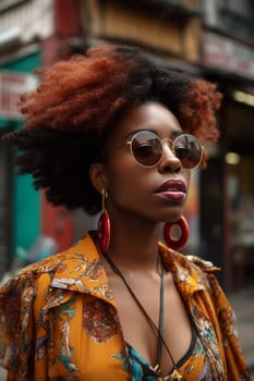 A confident African American woman of 30 years is seen on a bustling city street. (generative AI)