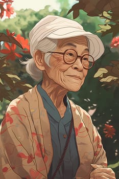 An elderly Asian woman is captured amid a serene garden. (generative AI)